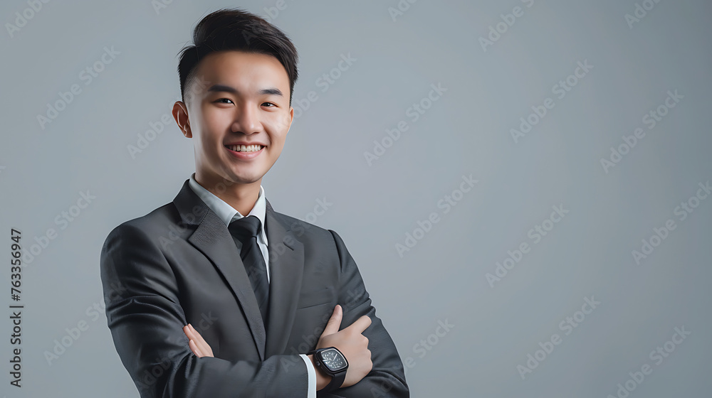 Portrait of young asian business man standing over gray background. Portrait of young asian business man standing over gray background.