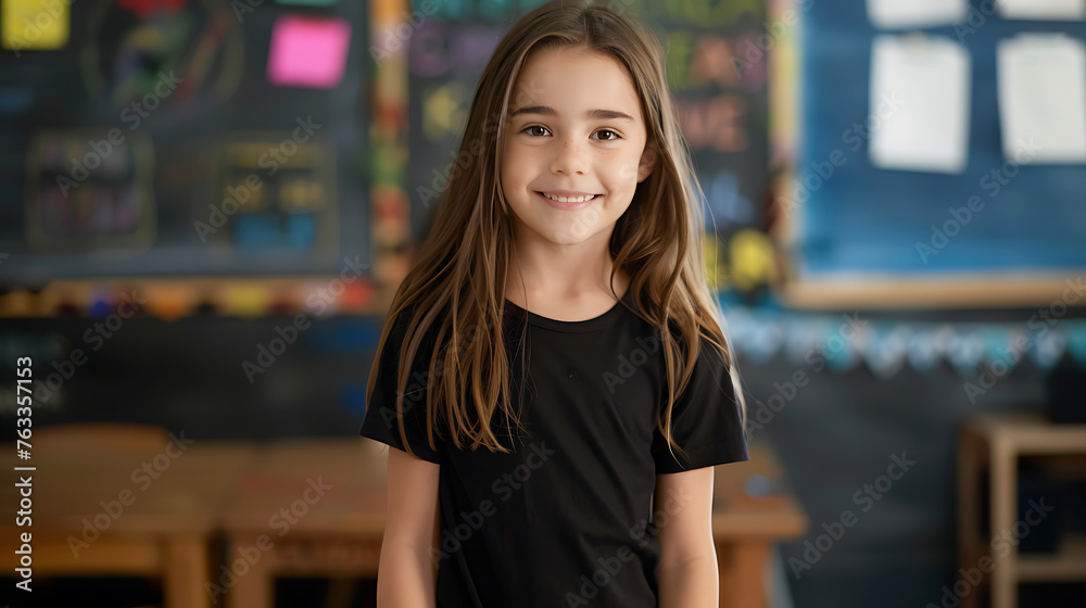 Portrait of cute little girl looking at camera and smiling while standing in classroom