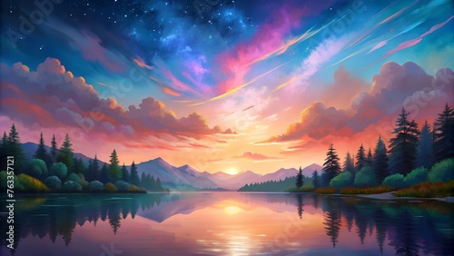 Beautiful Lake Landscape Digital Painting Colorful Sky