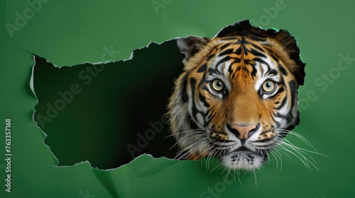 Artwork showing a tiger poking its head through torn green paper. It conveys curiosity.