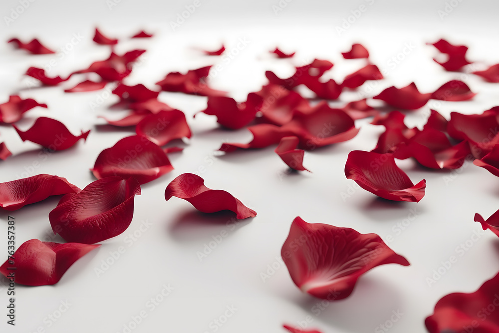 Red rose petals on white background with copy space for text Red rose petals on white background with copy space for text