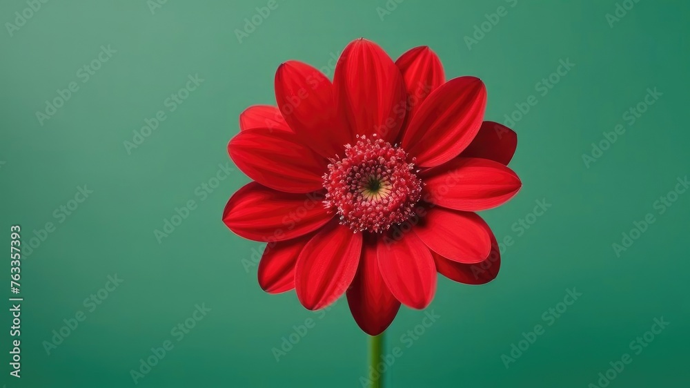 One red flower on green monochrome background. Copy space, place for text, empty space. View from above. One red flower on green monochrome background. Copy space, place for text, empty space. View from above.