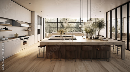 modern kitchen interior with kitchen  A contemporary kitchen with a large island  wooden floors  and a clean  uncluttered layout 
