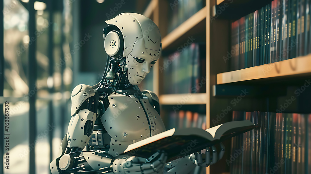 Robot reading a book in the library Robot reading a book in the library