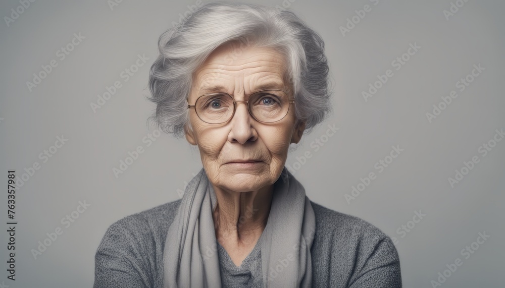 Portrait of an unhappy senior retired woman , grey color background banner with copy space Portrait of an unhappy senior retired woman , grey color background banner with copy space
