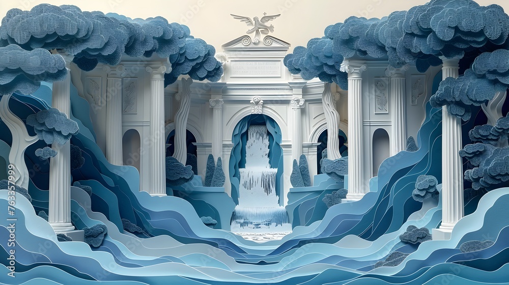 trevi A blue and white paper collage of a waterfall and a statue of a bird