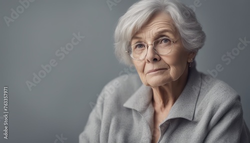 Portrait of an unhappy senior retired woman , grey color background banner with copy space