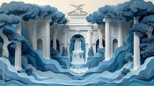 Obraz na płótnie trevi A blue and white paper collage of a waterfall and a statue of a bird w salonie