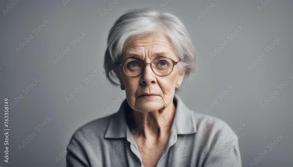 Portrait of an unhappy senior retired woman , grey color background banner with copy space Portrait of an unhappy senior retired woman , grey color background banner with copy space