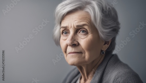 Portrait of an unhappy senior retired woman , grey color background banner with copy space © Adi