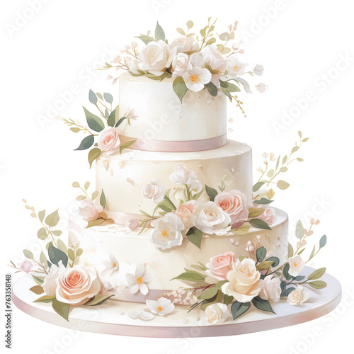 Watercolor white wedding cake with floral , Watercolor wedding clipart  