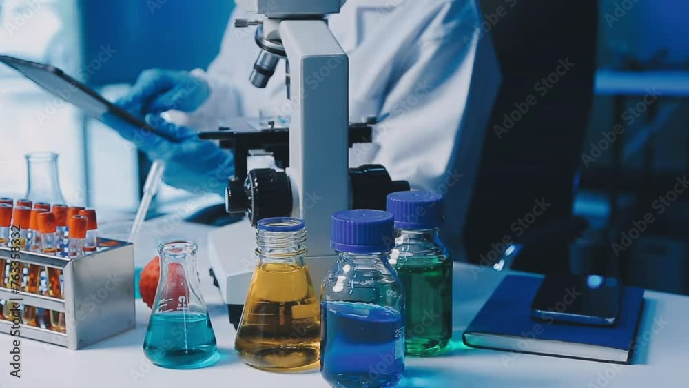 Young scientists conducting research investigations in a medical laboratory, a researcher in the foreground is using a microscope. Young scientists conducting research investigations in a medical laboratory, a researcher in the foreground is using a microscope.