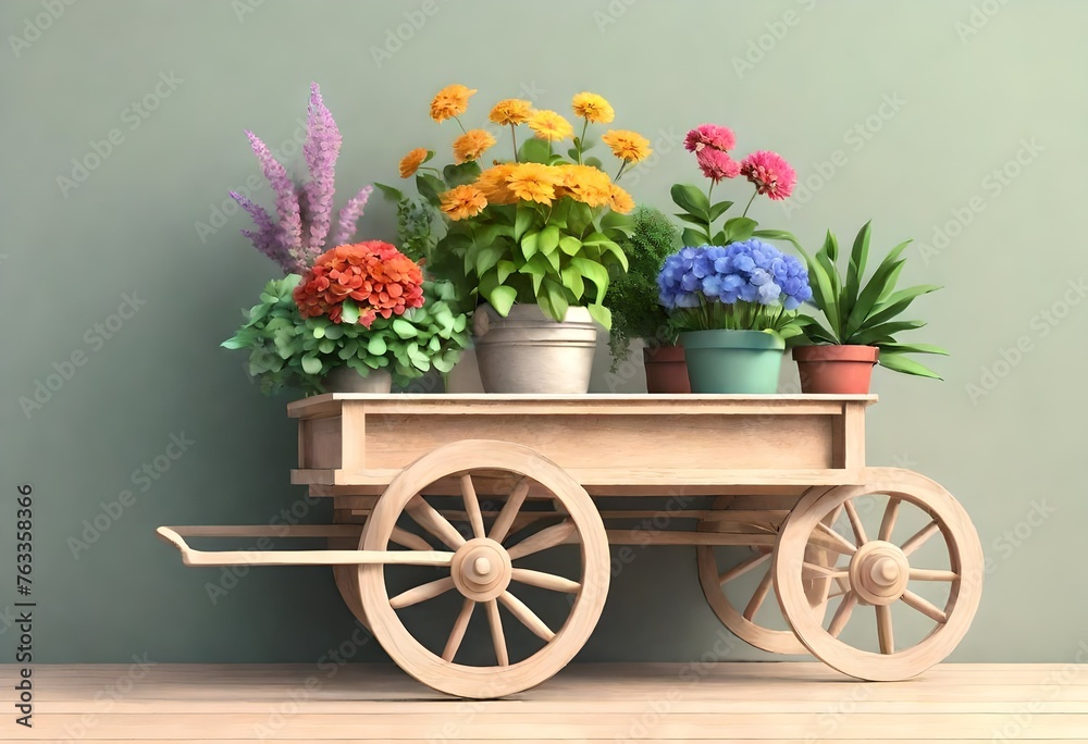 flowers in a wooden cart