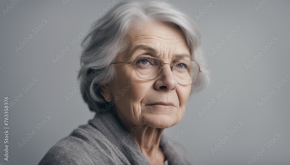 Portrait of an unhappy senior retired woman , grey color background banner with copy space Portrait of an unhappy senior retired woman , grey color background banner with copy space