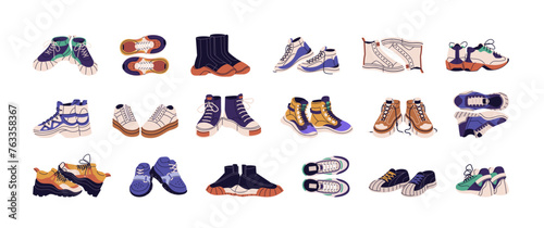 Fashion sneakers set. Different trainers shoes in sport style. Male, female and unisex footwear for gym. Casual comfortable modern boot for run and fitness. Flat isolated vector illustration on white.