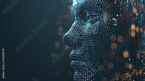 Female face with matrix digital numbers artifical intelligence AI theme with human face. Virtual reality touchscreen digital screen. dark background with computer binary code and hidden face watching