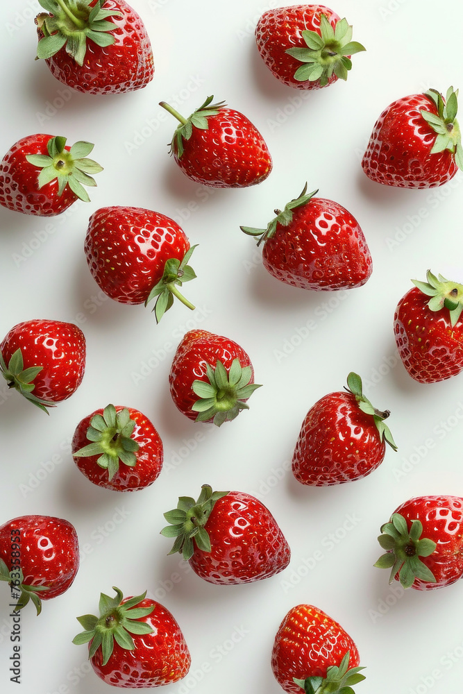 Fresh ripe strawberries arranged in a circle on a white surface, with one side facing the camera