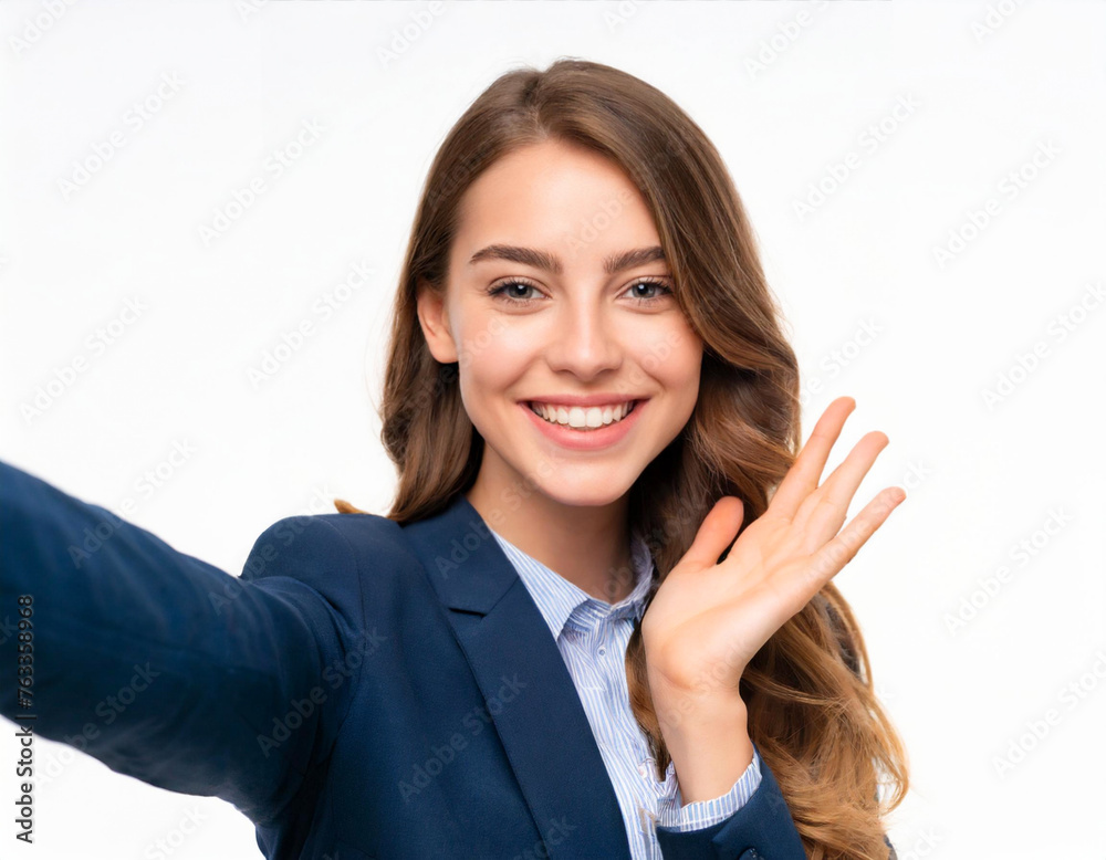 business woman showing hand sign smiling businesswoman make selfie by camera over isolated white background with a big smile on face business woman showing hand sign smiling businesswoman make selfie by camera over isolated white background with a big smile on face