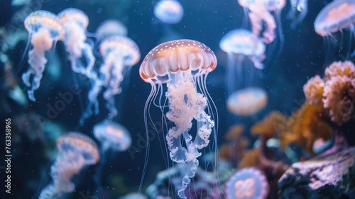 Jellyfish concept in an aquarium with clean water. © Keat
