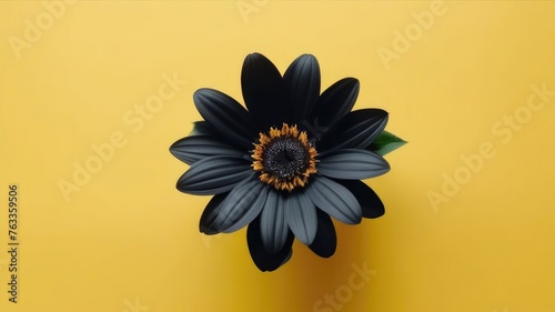 One black flower on yellow monochrome background. Copy space, place for text, empty space. View from above.