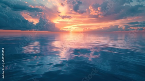 Hyper realistic background, sunny sky reflected in the water. Sea surface, ocean, sunset, rays, aqua, emptiness, no one, beautiful unrealistic landscape. Loneliness concept. Generative by AI © Татьяна Лобачова