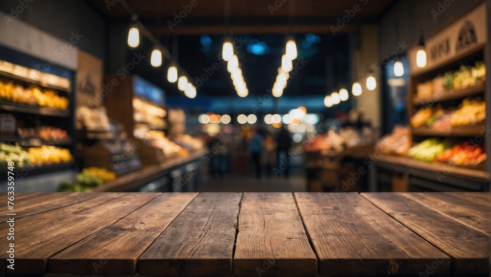 Empty wooden table top with lights bokeh on blur grocery store