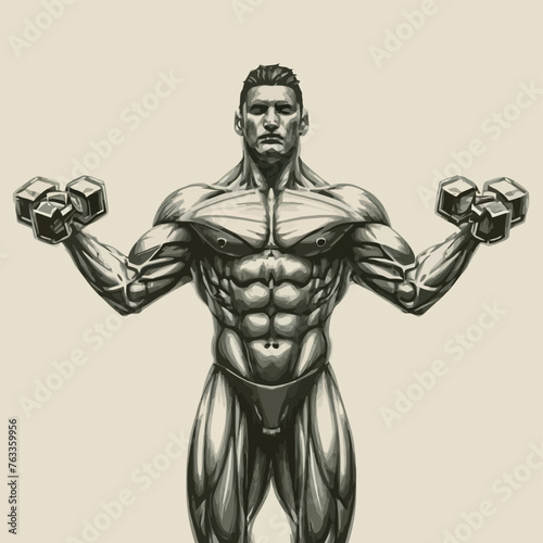 red white black modern style minimalist lines of a strong muscle pose strong body builder anatomy man at gym with bundle Doing exercises in all body positions using different gym equipment