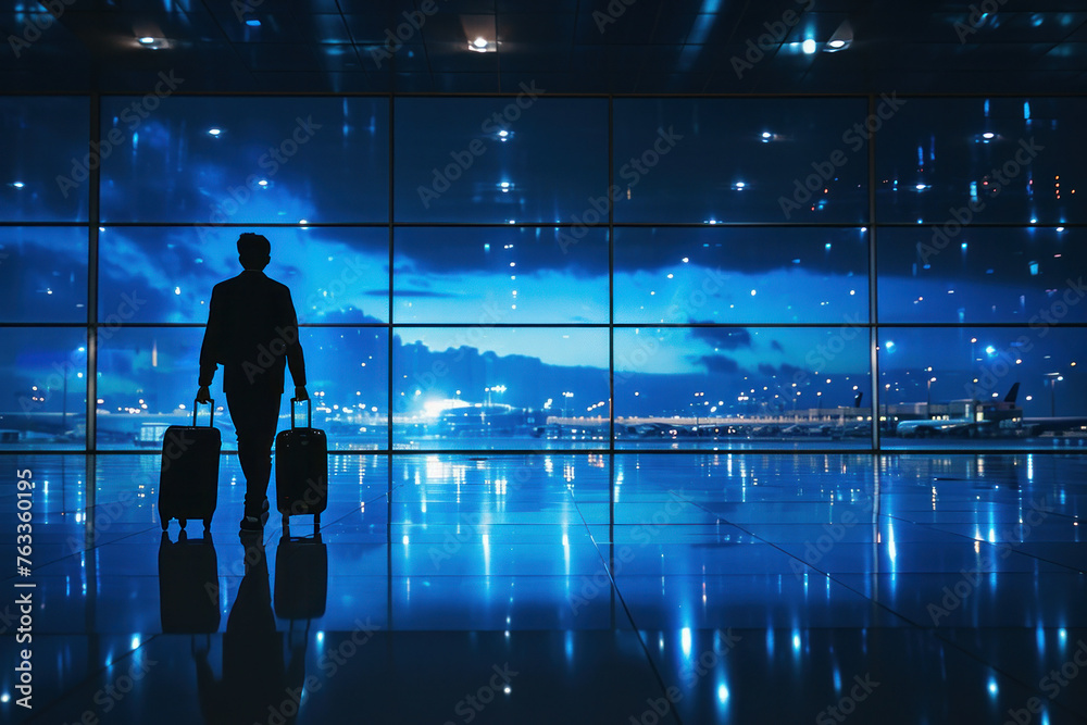 Business traveler with suitcases in airport at night with city lights in background, silhouette of man traveling concept
