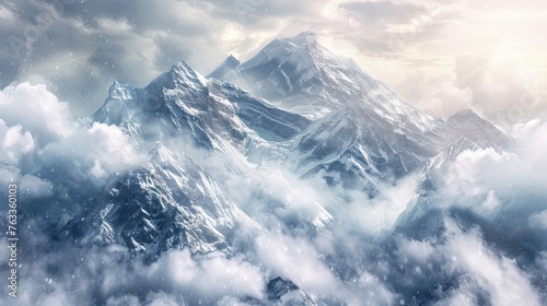 Mountains, snow, winter, clouds, wind, very high, rocks, white and tones, snow capped peaks, north and south poles, unusual landscape, highland, nature. Generative by AI