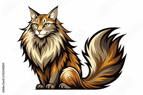 A Maine Coon cat is a very large breed with a beautiful long coat of fur. Tufts of hair on the points of the ear  a strong lion like muzzle