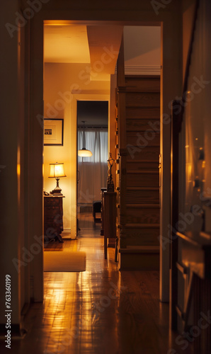 Cozy private house hallway, wooden floors, warm lighting. Soft, dim lighting creates nighttime scene. Long shot, eye level view, real estate photo © lacindex
