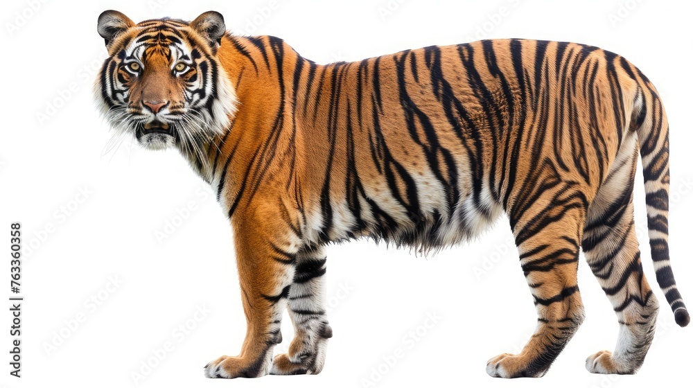 Tiger staring at its prey, white background included.