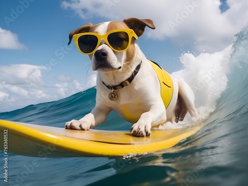 a dog whit yellow sunglasses surfing on the ocean daytime - generative AI.