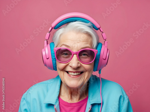 happy face of old woman 90s with pink trendy sunglasses and headphone hearing music. pink flat background - Generative AI.