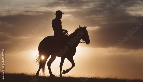 silhouette of a man riding a horse in at sunset © Adi
