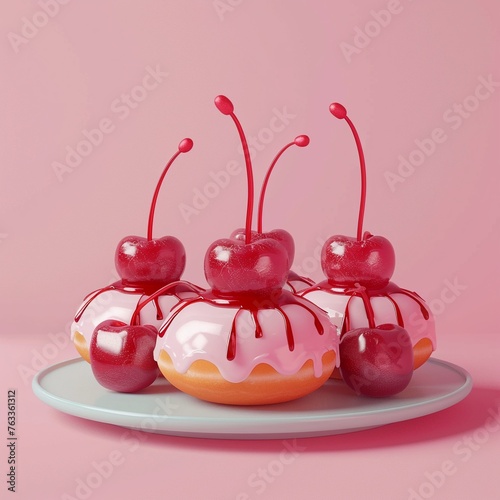 Cherry compote drizzled over fluffy donuts pastel colors background 3D Animation minimalist cute photo