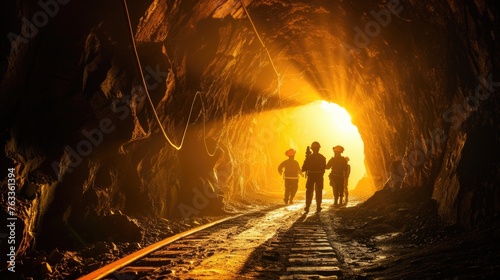 Silhouettes of miners in a radiant sunlit underground cave photo
