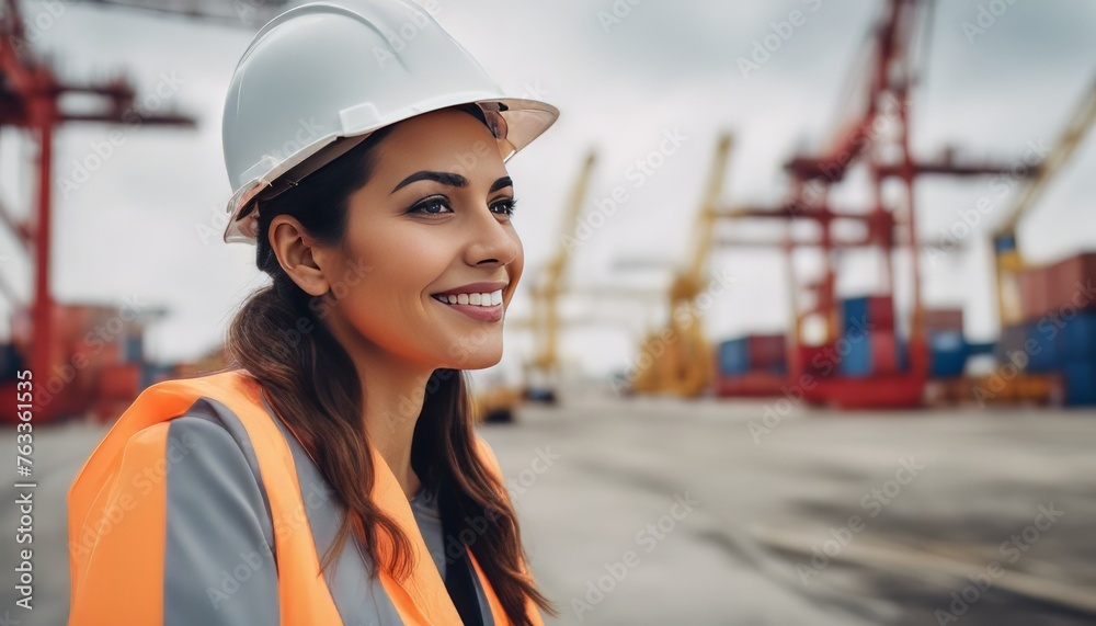 Smiling Portrait of a Beautiful Latin Female Industrial Engineer in White Hard Hat, Inspector or Safety Smiling Portrait of a Beautiful Latin Female Industrial Engineer in White Hard Hat, Inspector or Safety