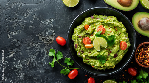 Top view of fresh guacamole in a bowl with ingredients on dark background, suitable for culinary themes.