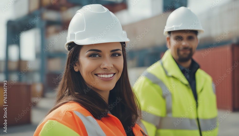 Smiling Portrait of a Beautiful Latin Female Industrial Engineer in White Hard Hat, Inspector or Safety Smiling Portrait of a Beautiful Latin Female Industrial Engineer in White Hard Hat, Inspector or Safety