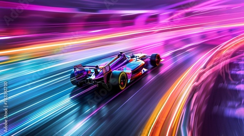 Picture a race car speeding along a rainbow road its sleek form leaving trails of vibrant colors in its wake