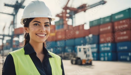 Smiling Portrait of a Beautiful Latin Female Industrial Engineer in White Hard Hat, Inspector or Safety
