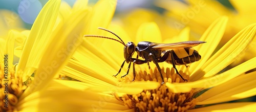 A bee perching on a vibrant...