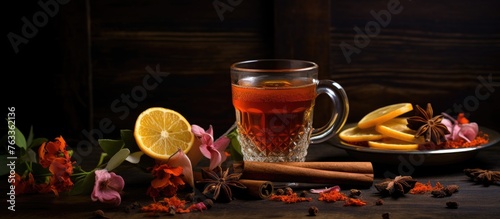 Glass of tea with lemon slice and cinnamon sticks