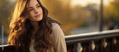 Brunette woman on a bridge,...