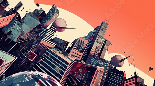Abstract illustration of a landscape of a distorted, irregular city, urban environment with deformed and distorted buildings, destruction, psychedelic, contrast. Apocalypse concept. Generative by AI photo