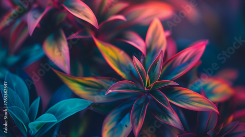 Colorful plants and leaves with vibrant colors, macro photography in cinematic lighting with a depth of field.