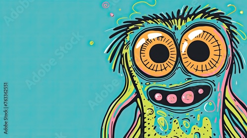 Abstract image of a cartoon monster with big eyes and round teeth, villi, many hands, cute, stupid, cartoonish, childish. Blue and green colors, turquoise background. Generative by AI