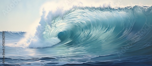 Person on surfboard riding a big ocean wave photo