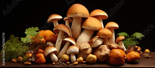 Various mushrooms and veggies on wooden surface against black backdrop